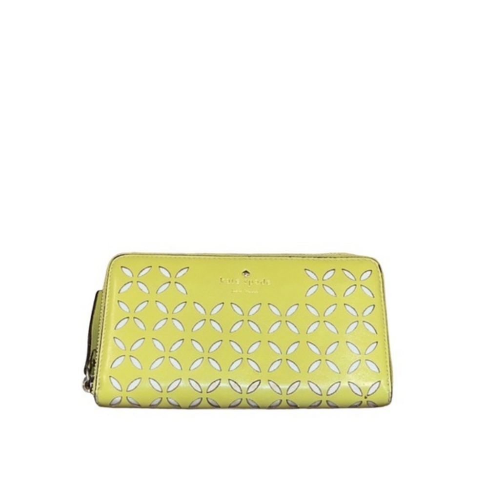 Kate Spade Yellow Green Leather Perforated‎ Neda Zip Around Wallet